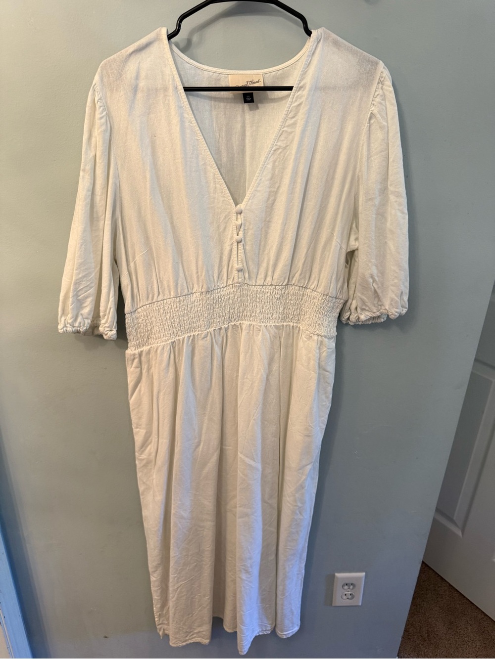 Universal Thread Cream V-Neck Smocked Midi Dress with Puff Sleeves